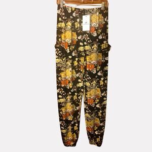 NWT Qianxizthan Black Yellow Floral Harem Boho Pants Size M Hippie Wide Leg